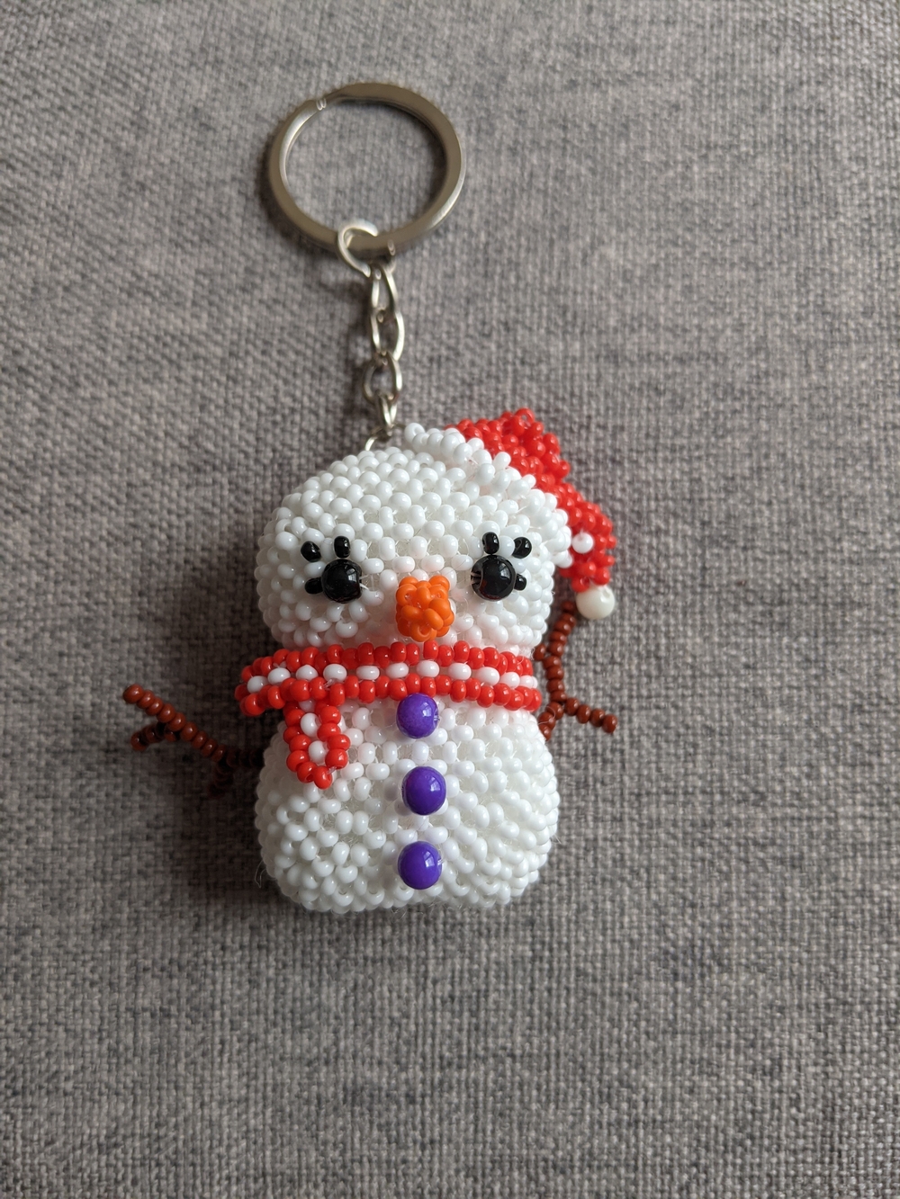 Beaded Snowman Keychain Holiday Ornament - White & Red
